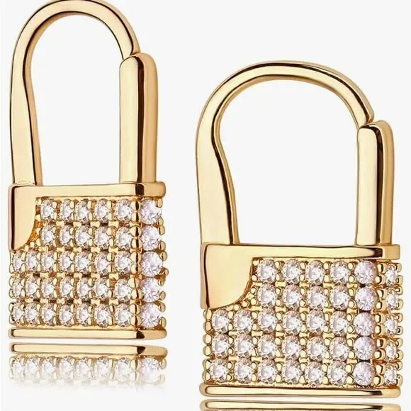 Lock Hoop Earrings Cubic Zircon Earring Gold Color Women Ear Jewelry - Picture 4 of 8